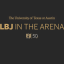 LBJ in the arena, gold text on dark gray background.