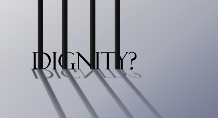Image of bars with the word Dignity? behind them